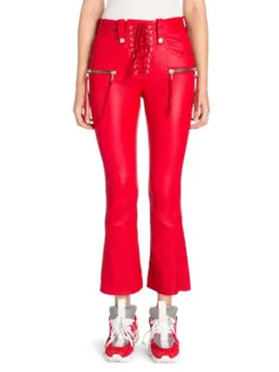 Shop Ben Taverniti Unravel Project Lace-up Leather Crop Flare Pants In Red