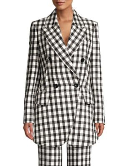 Shop Derek Lam Plaid Linen-blend Blazer Jacket In Black White