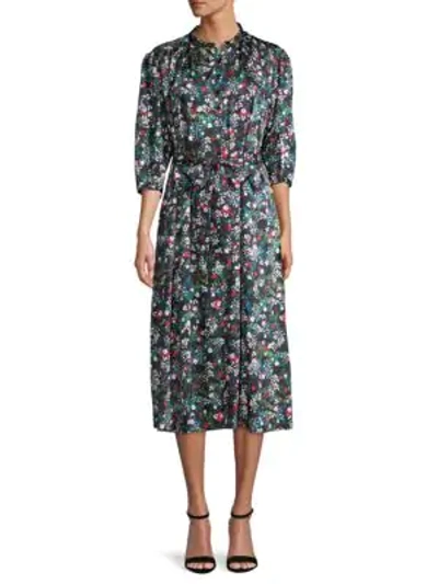 Shop Rebecca Minkoff Quarter-sleeve Floral Midi Dress In Black Multi