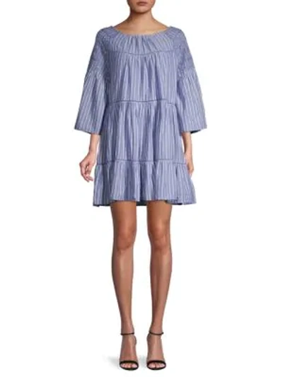 Shop Free People Lola Striped Flounce Mini Dress In Chambray