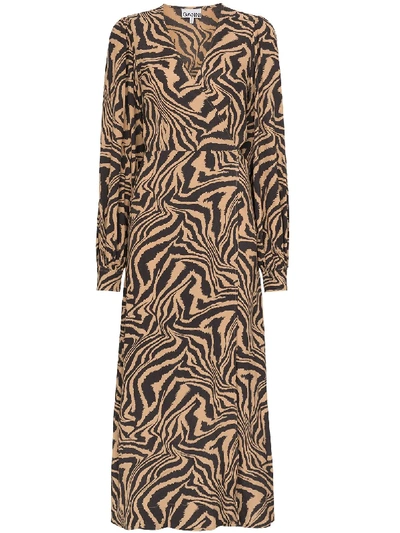 Shop Ganni Zebra Print Midi Wrap Dress In Brown