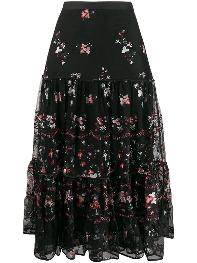 Shop Tory Burch Embroidered Floral Print Ruffled Skirt In Black