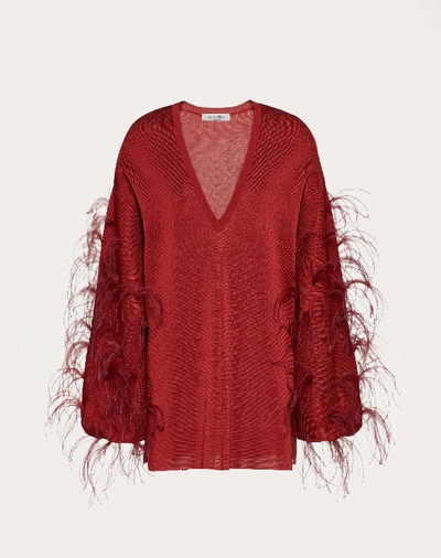 Shop Valentino Viscose Sweater With Feathers In Persian Red