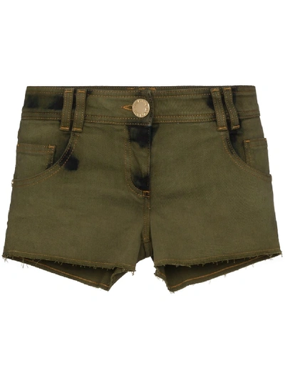 Shop Balmain Distressed Stretch-denim Shorts In Green