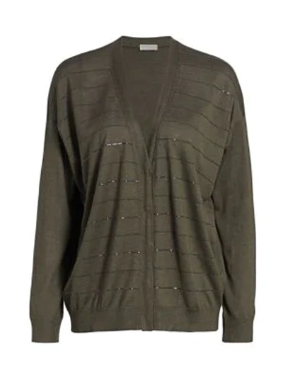 Shop Brunello Cucinelli V-neck Cashmere & Silk Paillette Cardigan In Military