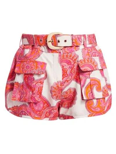 Shop Zimmermann Peggy Paisley Linen Shorts In Magenta Ivory Paisley