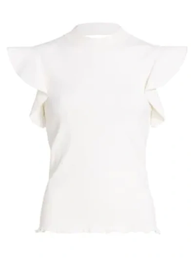 Shop Akris Punto Flounce-sleeve Cutout Knit Top In Cream