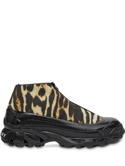 Shop Burberry Leopard Print Nylon And Suede Arthur Sneakers In Brown