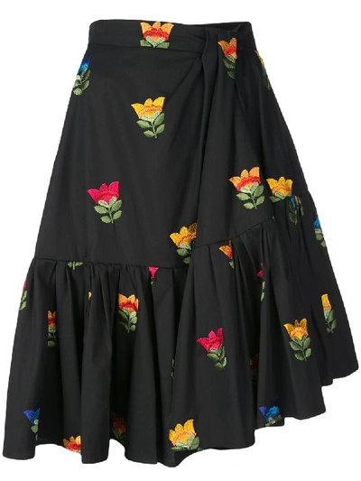 Shop Carolina Herrera Floral Embroidered Gathered Skirt In Black