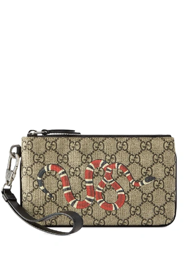 Shop Gucci Gg Supreme Snake Print Iphone Pouch In Brown