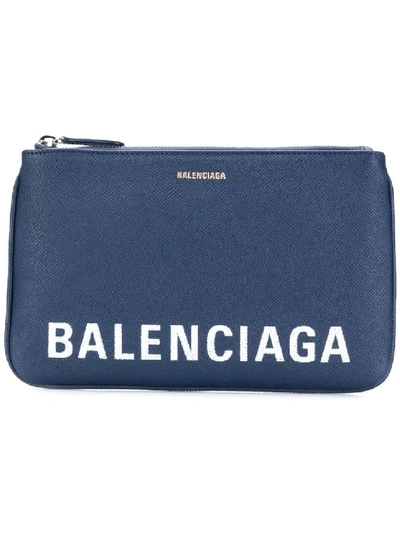 Shop Balenciaga Blue Women's Pebbled Texture Logo Pouch In Green