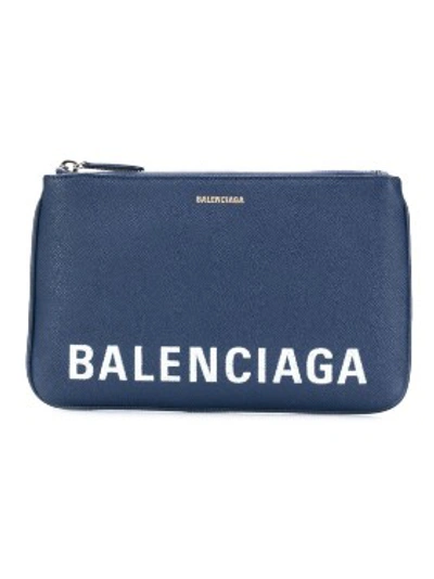 Shop Balenciaga Blue Women's Pebbled Texture Logo Pouch In Green