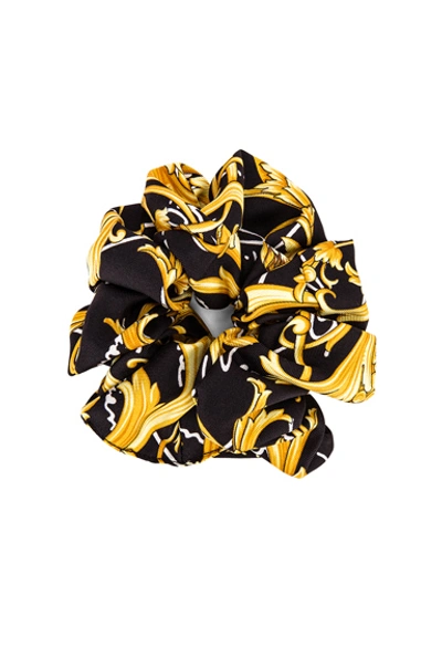 Shop Versace Brocade Hair Scrunchie In Black & Gold