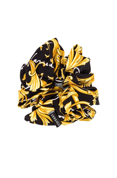Shop Versace Brocade Hair Scrunchie In Black & Gold