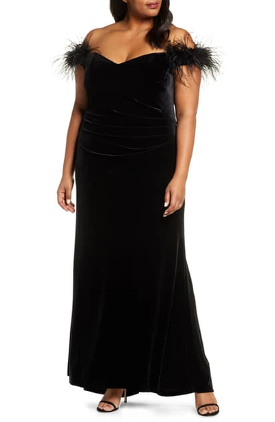 Shop Eliza J Off The Shoulder Feather Gown In Black