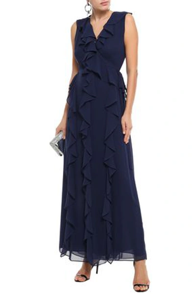 Shop Diane Von Furstenberg Ruffled Georgette Maxi Wrap Dress In Navy