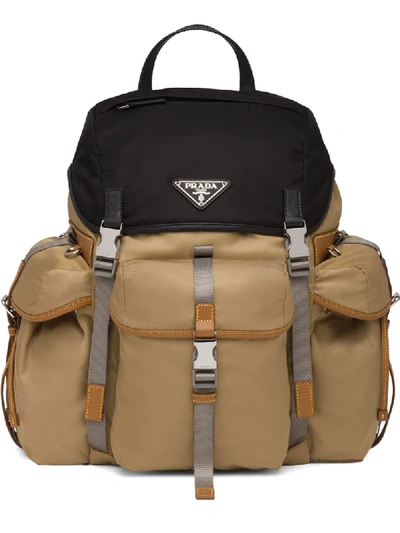 Shop Prada Logo Plaque Backpack In Brown