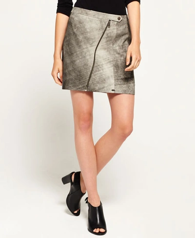 Shop Superdry Distressed Leather Biker Skirt In Grey