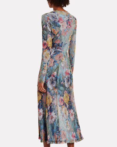 Shop Galvan Plissé Floral Knit Midi Dress In Multi