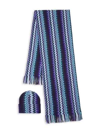 Shop Missoni 2-piece Zigzag Wool-blend Scarf & Beanie Set In Blue Multi