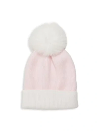 Shop Adrienne Landau Fox Fur Pom-pom Colorblock Beanie In White Pink