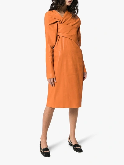 Shop Bottega Veneta Crossover Front Stretch Leather Midi Dress In Orange