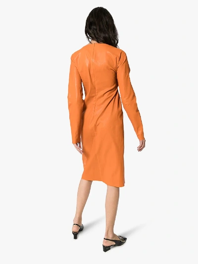 Shop Bottega Veneta Crossover Front Stretch Leather Midi Dress In Orange