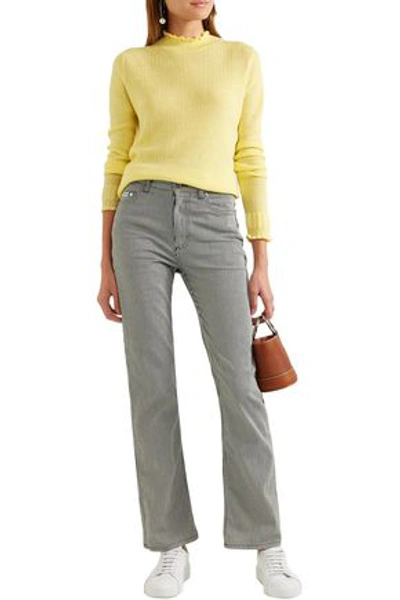Shop Marc Jacobs Woman Ruffled Ribbed Wool Turtleneck Sweater Pastel Yellow