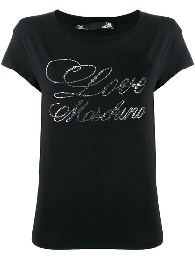 Shop Love Moschino Rhinestone Logo T-shirt In Black