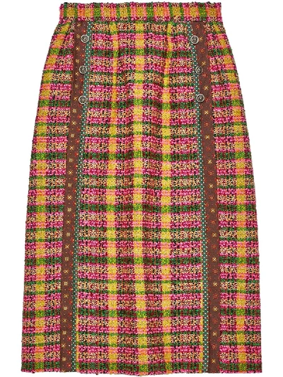 Shop Gucci Check Print Tweed Skirt In Yellow