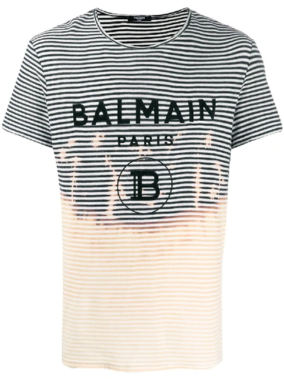 Shop Balmain Striped Logo T-shirt In Black