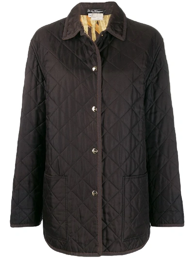 Pre-owned Ferragamo 1990s Diamond Quilted Snap Coat In Brown