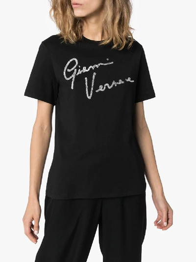 Shop Versace Embellished Gv Signature Logo T-shirt In Black