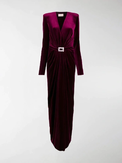 Shop Alexandre Vauthier Plunge Neck Belted Gown In Red