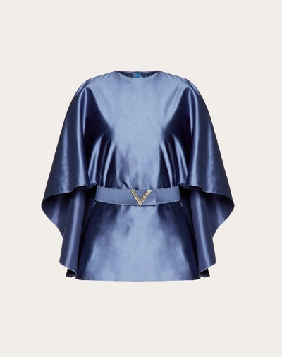 Shop Valentino Duchesse-silk Top With V Pavé Belt In Dark Air Force Blue