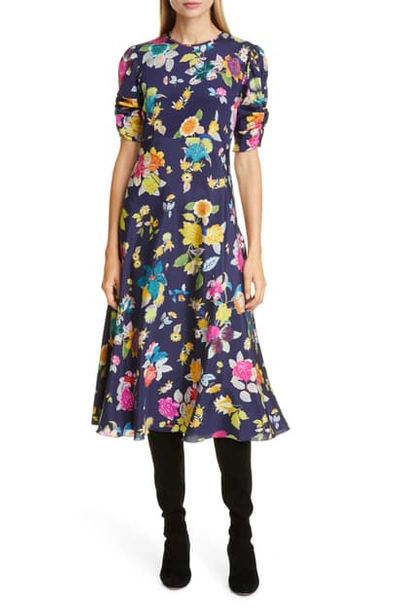 Shop Etro Floral Print Ruched Sleeve Midi Dress In Navy