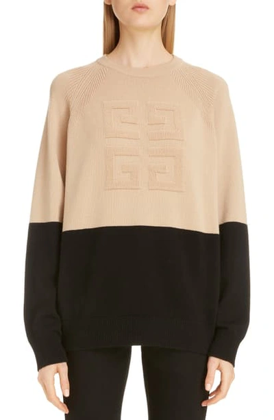 Shop Givenchy Embossed Logo Bicolor Cashmere Sweater In Black/ Beige
