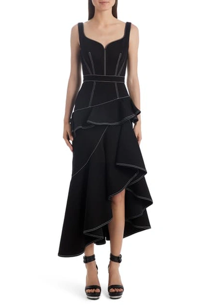 Shop Alexander Mcqueen Contrast Stitch Asymmetrical Denim Dress In Black