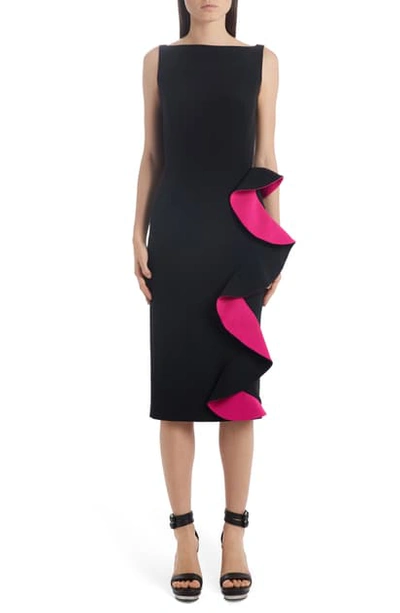 Shop Alexander Mcqueen Contrast Ruffle Trim Sheath Dress In Black/ Orchid Pink