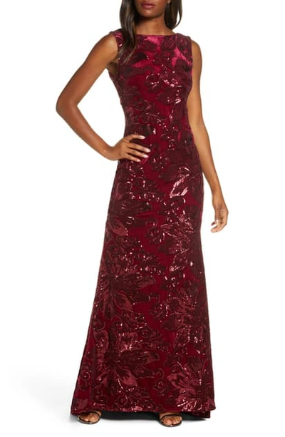 Shop Eliza J Sleeveless Velvet Embroidered Gown In Wine
