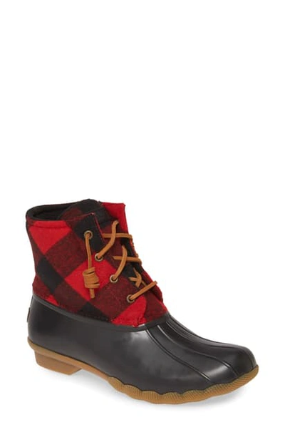 Shop Sperry Saltwater Rain Boot In Red/ Black Check Fabric