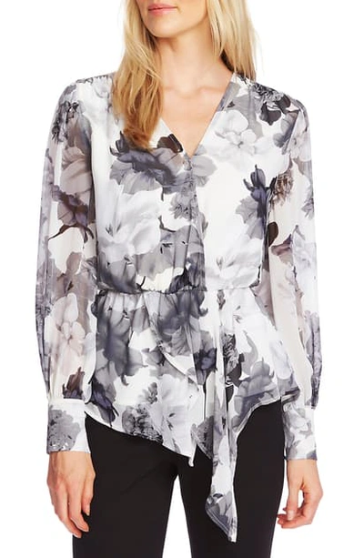 Shop Vince Camuto Floral Asymmetrical Hem Long Sleeve Top In Pearl Ivory