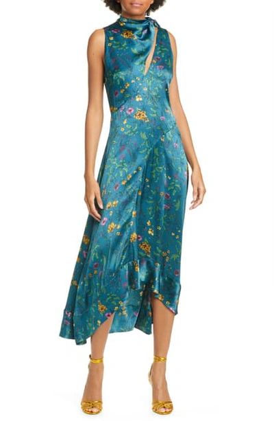 Shop Amur Georgia Tie Neck Floral Print Silk Midi Dress In Teal Multi Wildflowers