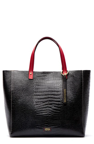 Shop Frances Valentine Margaret Embossed Leather Tote In Black/ Red