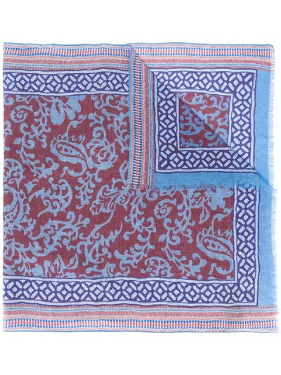 Shop Etro Foliage-print Cashmere Scarf In Blue