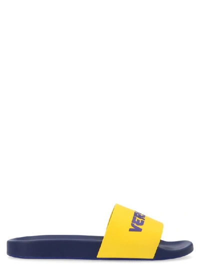 Shop Versace Logo Contrast Slides In Yellow