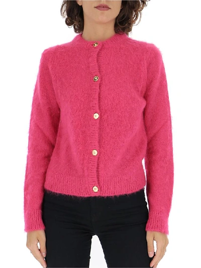 Shop Versace Medusa Embellished Button Cardigan In Pink