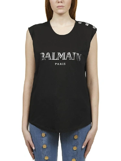 Shop Balmain Buttoned Shoulder Sleeveless Top In Black