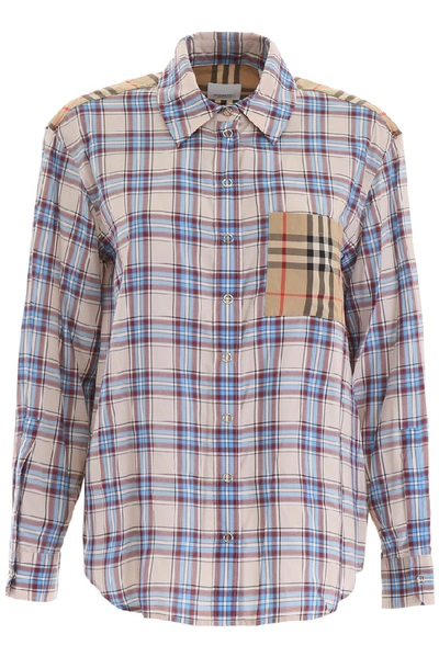 Shop Burberry Contrast Check Shirt In Pale Blue