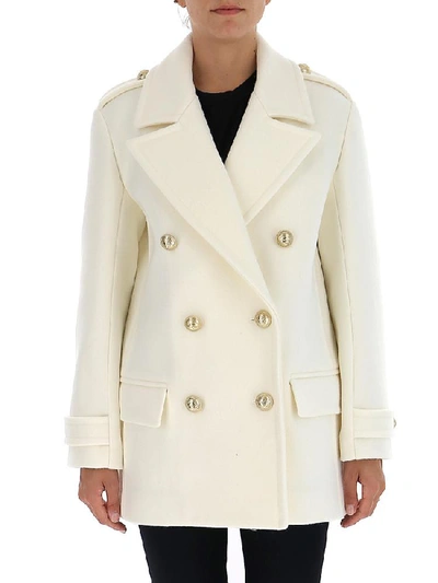 Shop Balmain Double Breasted Tailored Coat In White